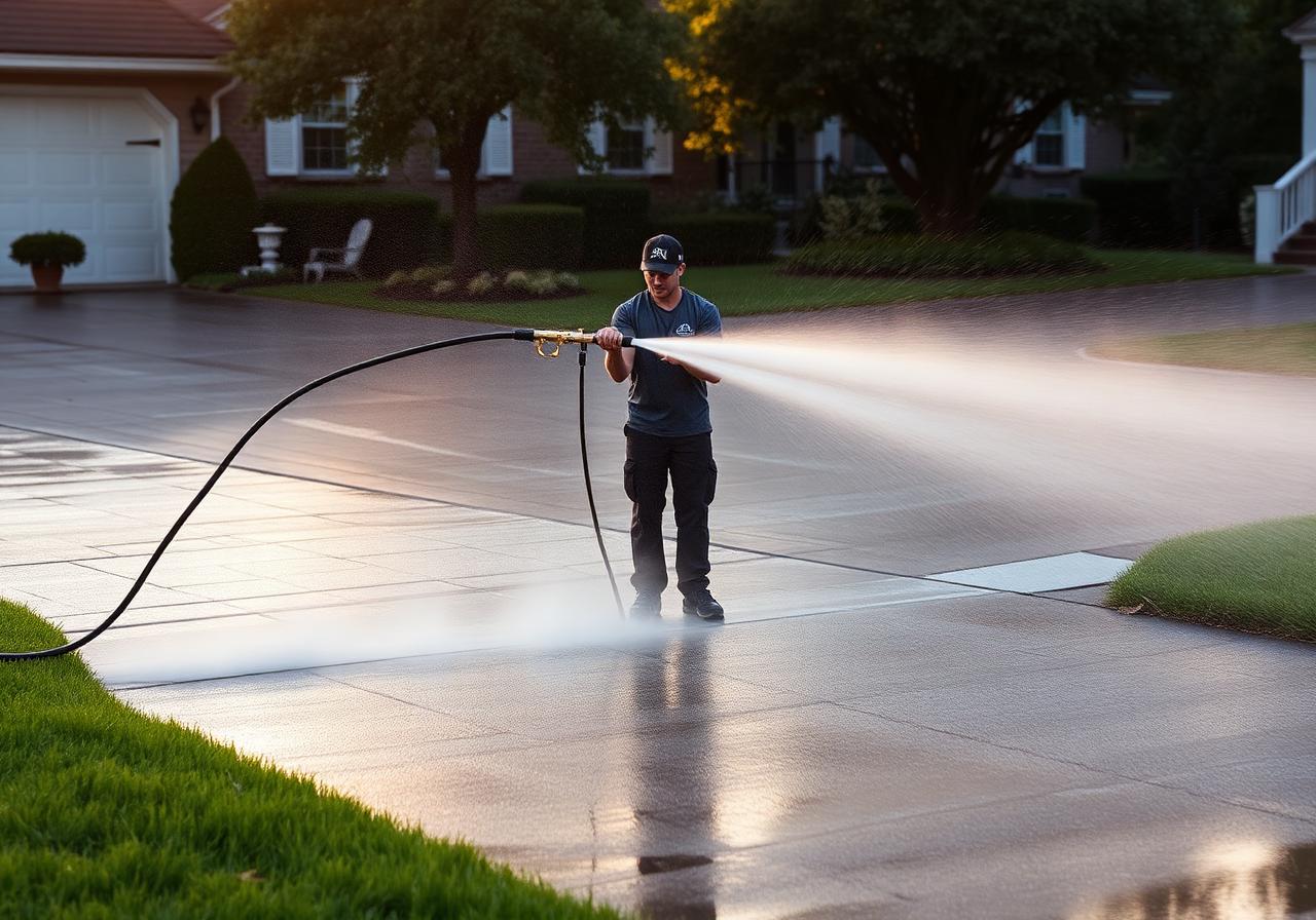Prime Property Care technician power washing a suburban driveway at golden hour